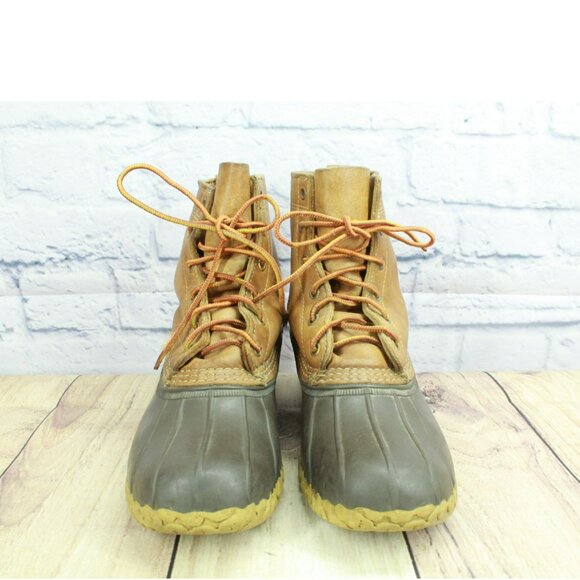 LL Bean Brown Leather Lace Up Round Toe Unlined Ankle Duck Boots Size 9 M - Picture 4 of 9